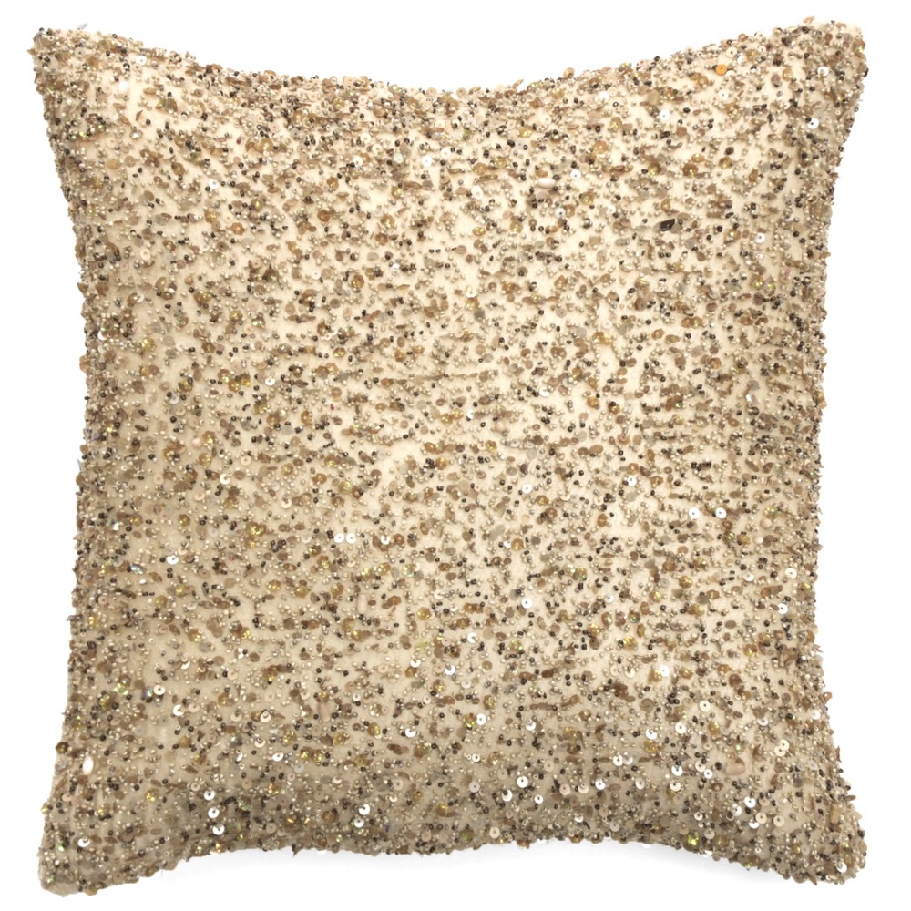 Sabira Collection Handmade Beaded Gold-Beige Throw Pillow Case